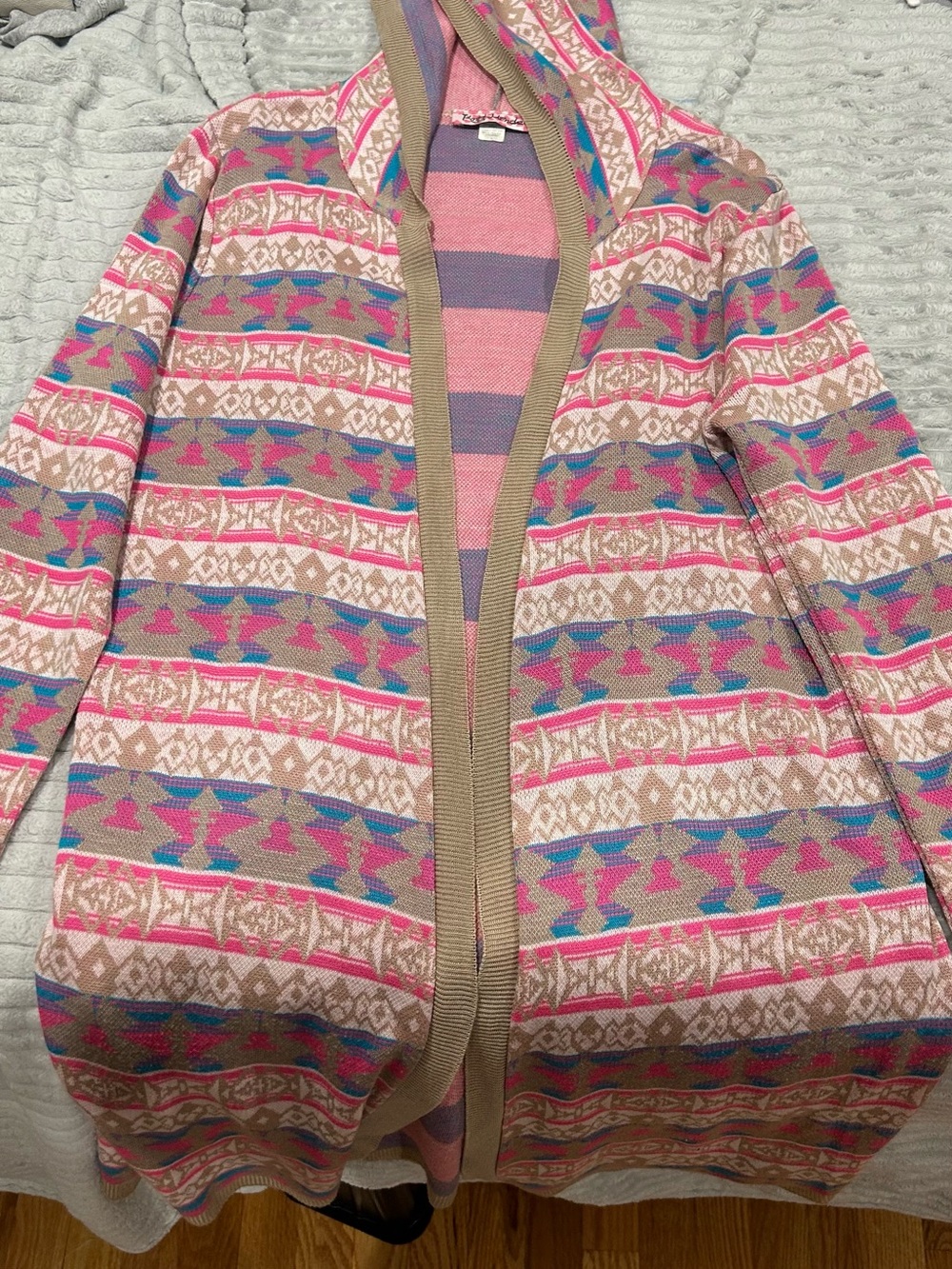 Women’s Hooded Patterned Cardigan Jacket - Pink & Tan